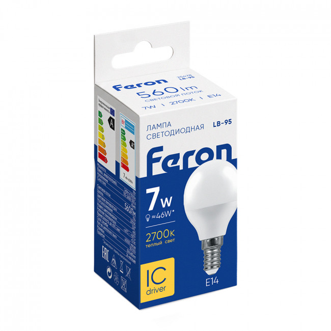 Лампа светодиодная Feron LB-95 Шарик E14 7W 175-265V 2700K, артикул FERON 25478