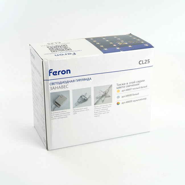 Светодиодная гирлянда Feron CL25 занавес Звездочки  2*1м  + 3м 5000K с контроллером, c питанием от сети 230V, прозрачный шнур, артикул FERON 48608