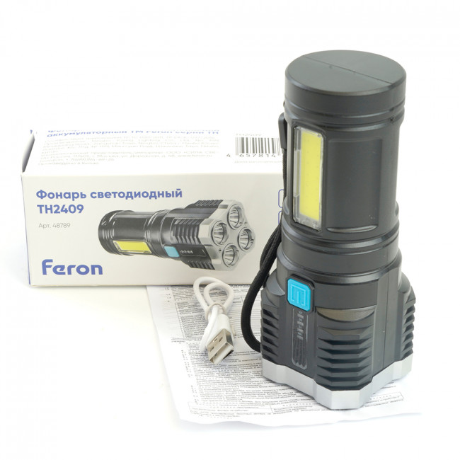 Фонарь ручной Feron TH2409 с аккумулятором Type-C, артикул FERON 48789 Фонарь ручной Feron TH2409 с аккумулятором Type-C, артикул FERON 48789