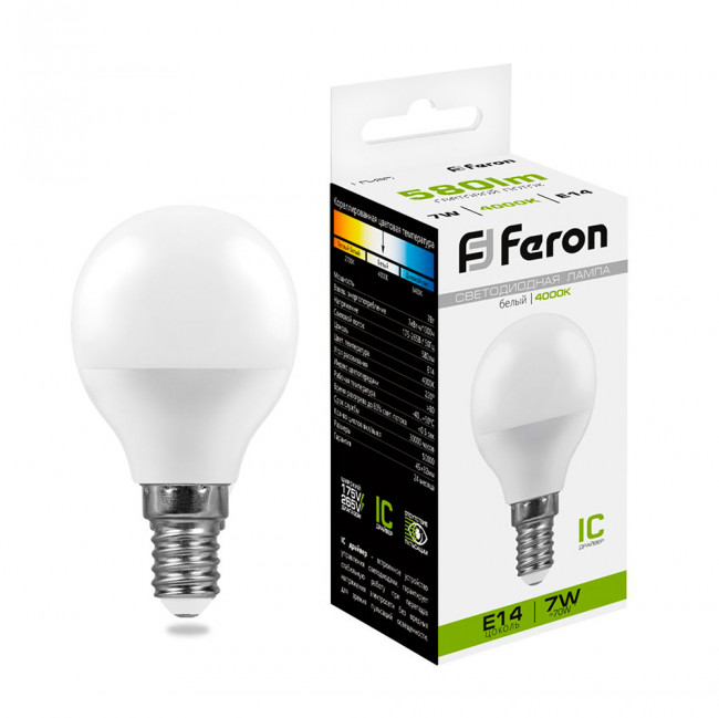 Лампа светодиодная Feron LB-95 Шарик E14 7W 175-265V 4000K, артикул FERON 25479