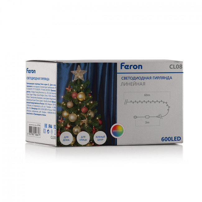 Светодиодная гирлянда Feron CL08 линейная 60м + 3м 230V мультиколор,статичная, c питанием от сети, зеленый шнур, артикул FERON 26784