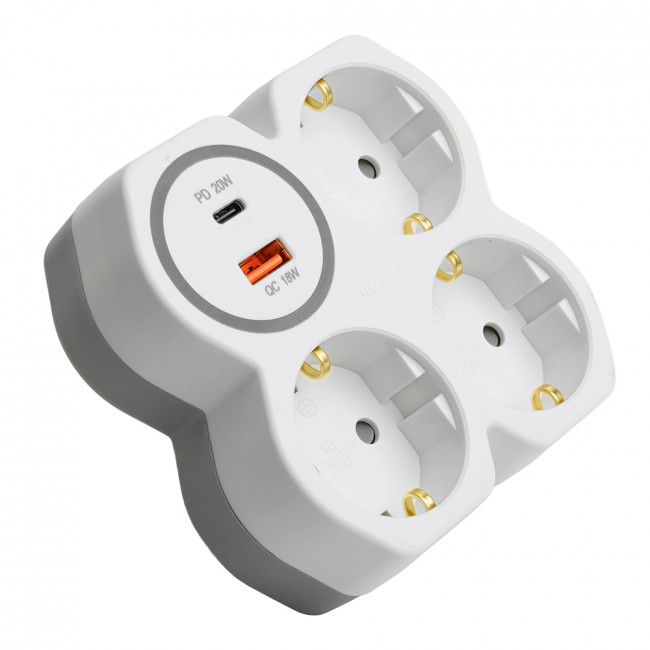 Разветвитель сетевой на 3 выхода с/з, STEKKER, 250В, 16А, USB A+Type C, 2,4А, PD, белый/серый ADP16-17-20, артикул STEKKER 50110 Разветвитель сетевой на 3 выхода с/з, STEKKER, 250В, 16А, USB A+Type C, 2,4А, PD, белый/серый ADP16-17-20, артикул STEKKER 50110
