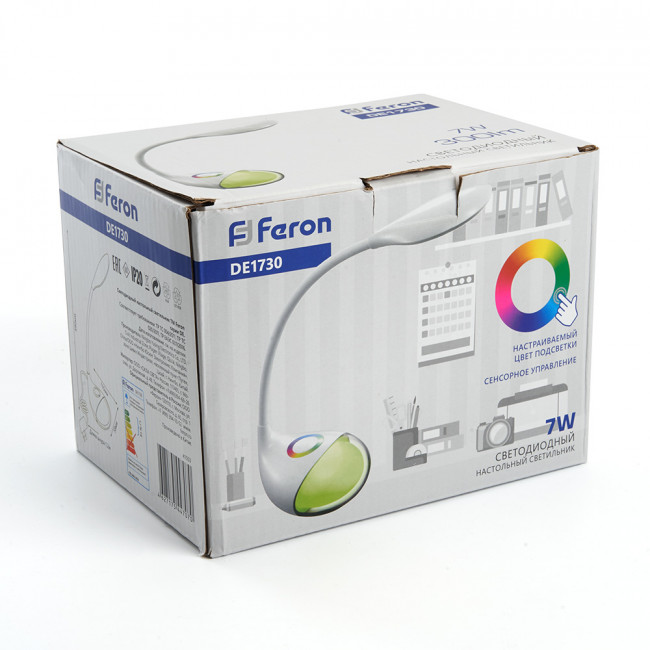 Настольный светодиодный светильник Feron DE1730  7W, 6000-6500K, 100-240V, белый, артикул FERON 41553