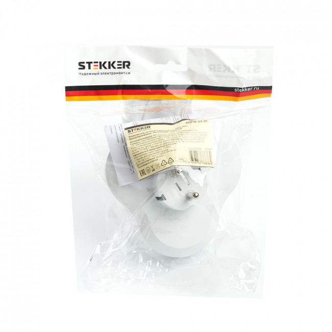 Разветвитель сетевой 3-местный с/з STEKKER ADP16-23-21, 250V, 16A, ABS пластик, белый, артикул STEKKER 49165