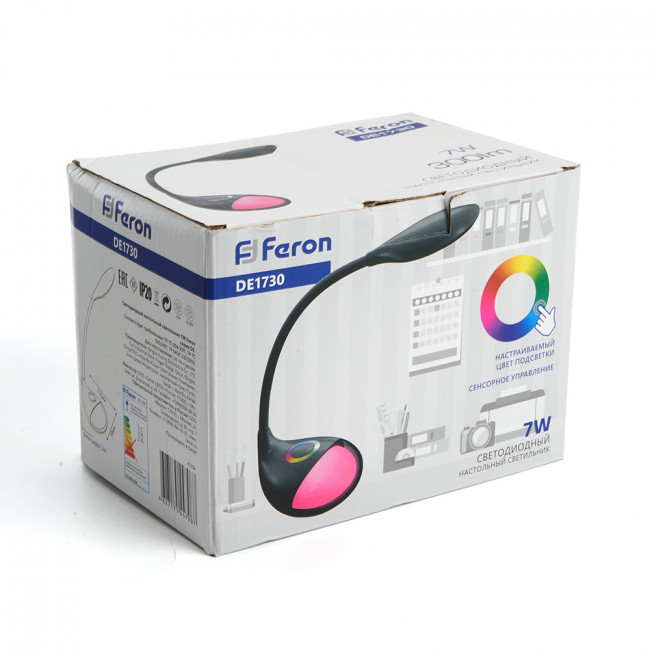 Настольный светодиодный светильник Feron DE1730 7W, 6000-6500K, 100-240V, черный, артикул FERON 41554