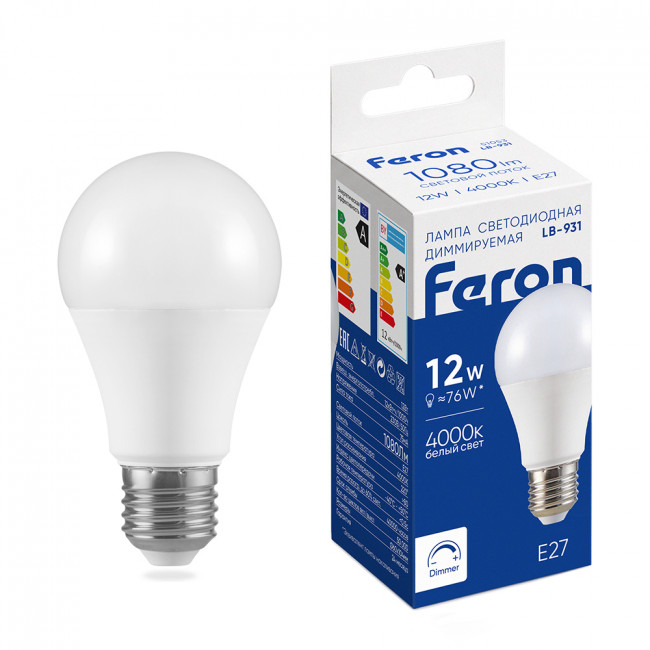 Лампа светодиодная диммируемая Feron LB-931 Шар E27 12W 230V 4000K, артикул FERON 51053
