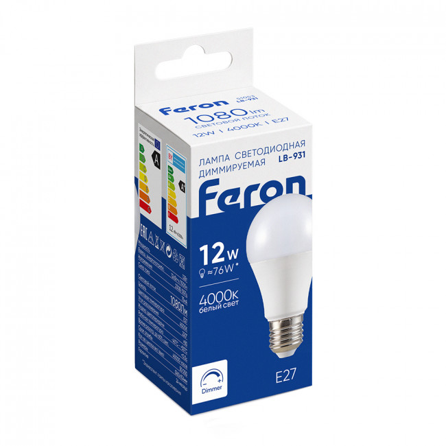 Лампа светодиодная диммируемая Feron LB-931 Шар E27 12W 230V 4000K, артикул FERON 51053