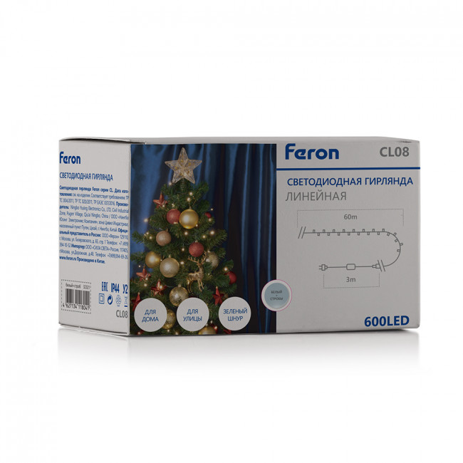 Светодиодная гирлянда Feron CL08 линейная 60м + 3м 230V 5000К, c питанием от сети, эффектом стробов, зеленый шнур, артикул FERON 32321