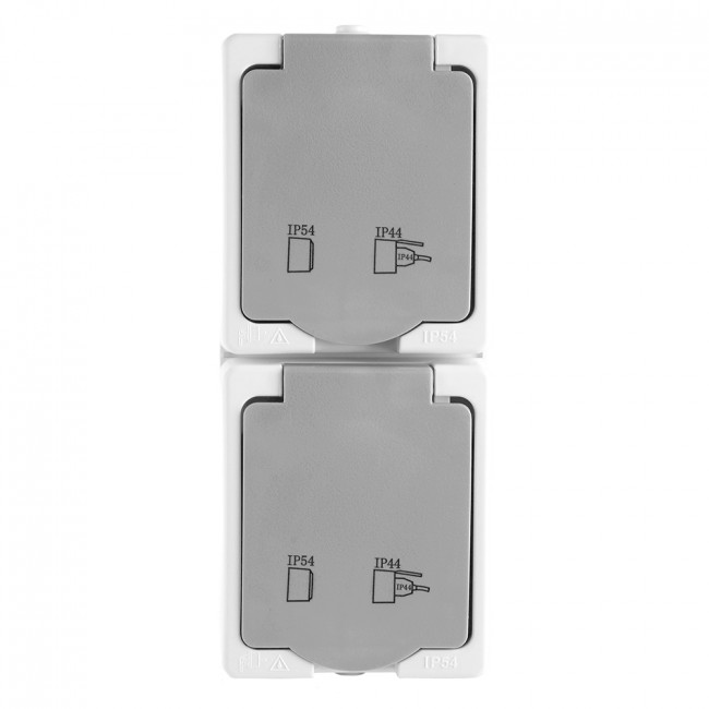 Розетка 2-местная с крышкой с/з STEKKER PST16-22-54V, пластик АВS, 250В, 16А, IP54,  белый/серый, артикул STEKKER 49737